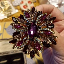  Vintage Style Large Sparkly Purple Flower Brooch Pin with Gemstones