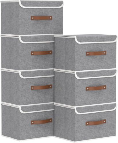 7-Pack Collapsible Storage Bins, Fabric Boxes with Lids & Leather Handles, Grey
