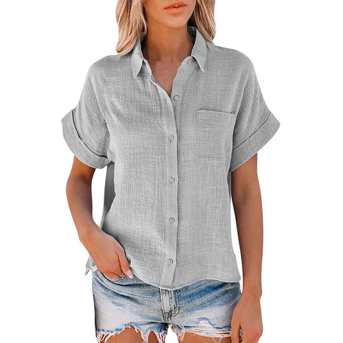 Women Tops Lapel Neck Shirts Ladies Casual Short Sleeve Business Elegant Blouse - Picture 32 of 44