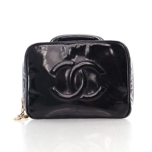 Chanel Vintage Vanity Top Handle Black Patent Gold Women's Bag