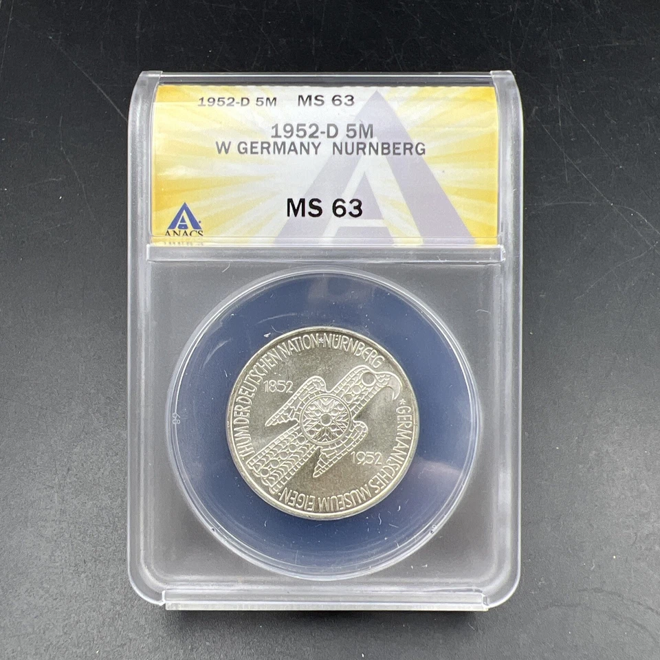 1952 D 5M West Germany Nurnberg 5 Five Marks Silver Coin ANACS MS63 - Image 4 of 4