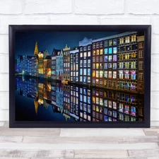 Amsterdam mirror Architecture Night House Street Canal Water Wall Art Print