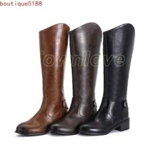 Women Knee High Knight Boots Round Toe Low Block Heels Pull On Shoes All Size