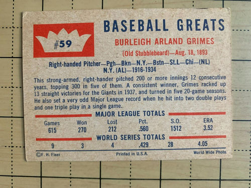 1960 FLEER BASEBALL GREATS BURLIEGH GRIMES #59 - Picture 2 of 2