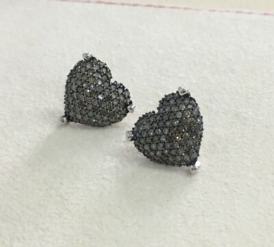 925 Sterling Silver 1.39 Ct Round Cut Brown Natural Diamond Heart Stud Earrings