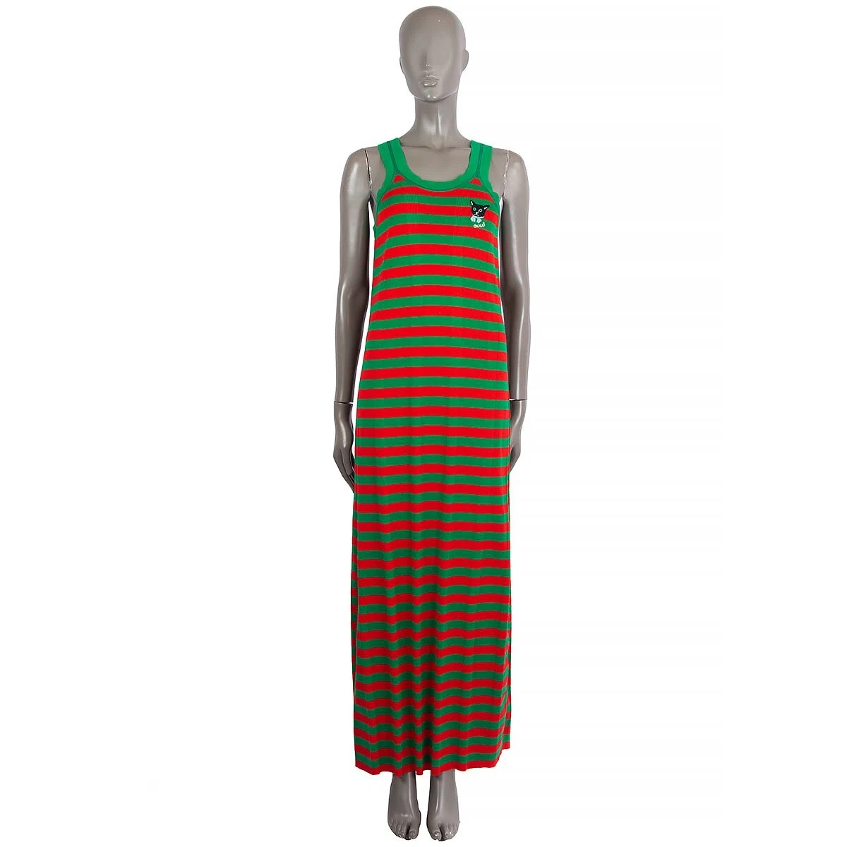 68029 authentique GUCCI coton rouge et vert 2021 PATCH CHAT RAYÉ TRICOT MAXI robe M
