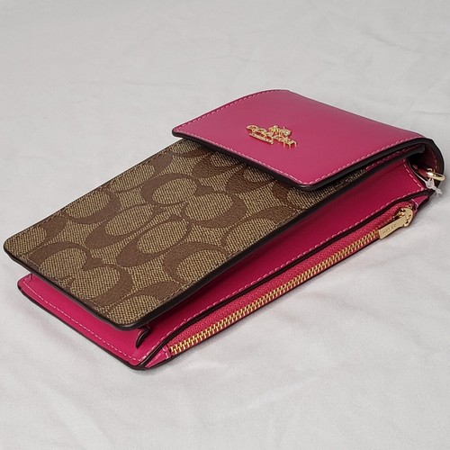 🩷COACH NORTH SOUTH Phone Crossbody Purse In Signature Leather Khaki/Cerise Pink - Picture 2 of 5