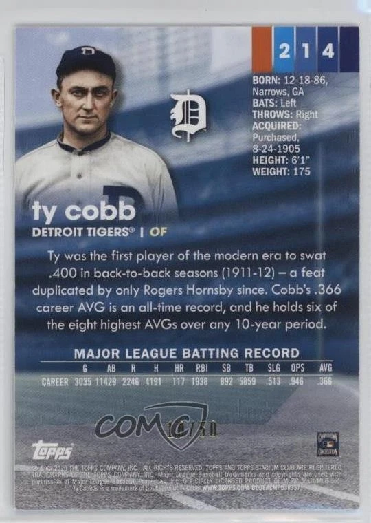2020 Topps Stadium Club Blue Foil /50 Ty Cobb #214 HOF - Image 2 of 2