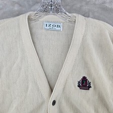 Vintage Izod Cardigan Sweater Mens M Cream Vintage Made in USA Crest Logo Knit