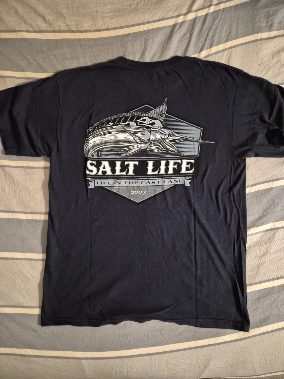 Salt Life Marlin Flames Life In The Cast Lane Navy Blue Pocket T Shirt Sz Medium