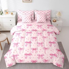 Cute Bowknot Bed in a Bag Pink Coquette Bow 7-Piece Bedding Set