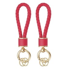 2 Pack Braided Leather Keychain for Car Bag Wallet Gold/Rose Red