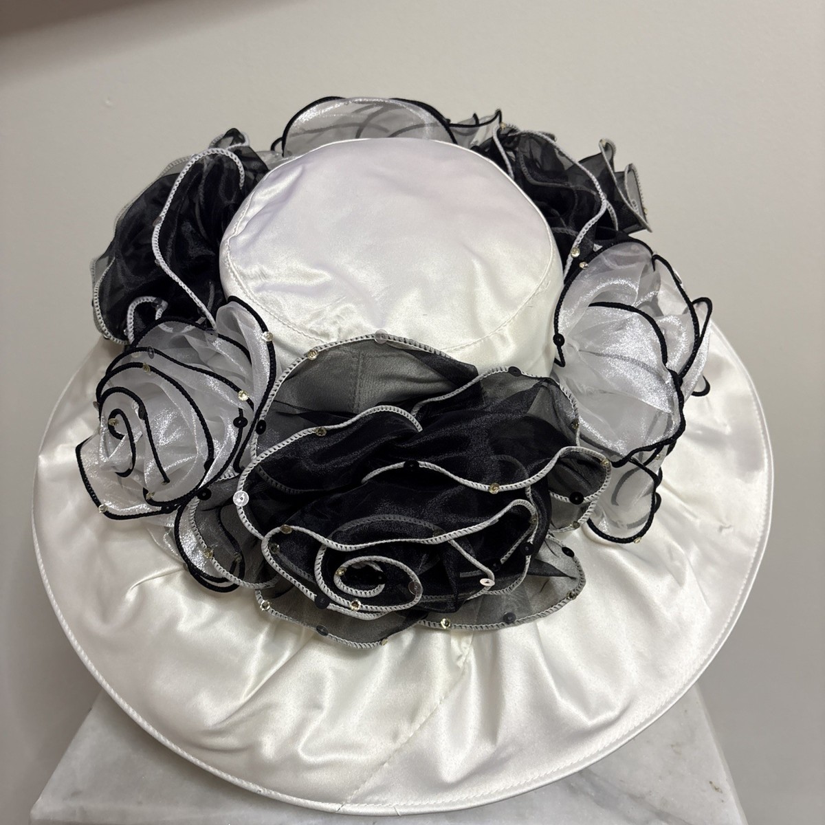 Whitall & Shon Derby Church Hat Beige White‎ Floral Bow Netting Organza Roses Whitall Shon White Fabric Kentucky Derby Church Hat Organza  main image 3