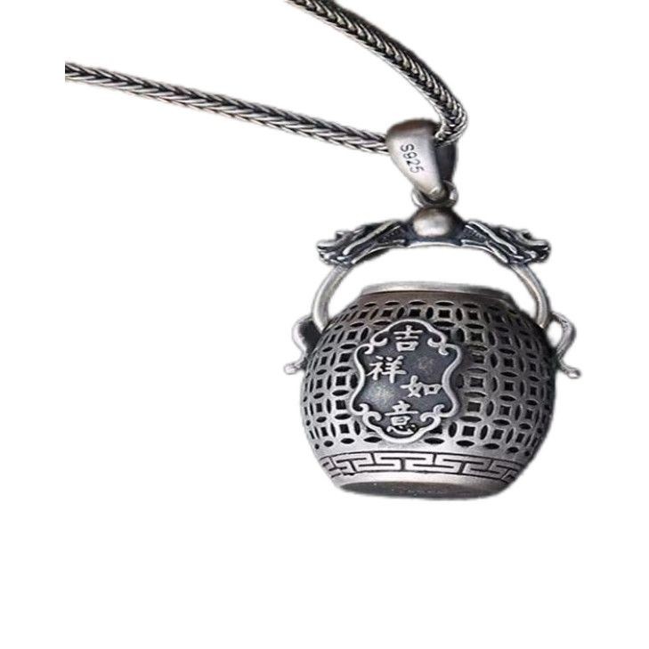 Double Happiness Lucky Ghau Box Pendant Openable Amulet Necklace Vintage Chinese