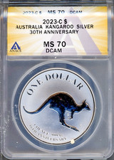 2023-C Argento $1 Australia Canguro 30° Anniversario MS70DCAM ANACS # 7859563