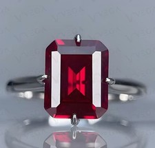 6ct Emerald Cut Natural Red Ruby Gemstones Diamond Ring 18K White Gold Plated