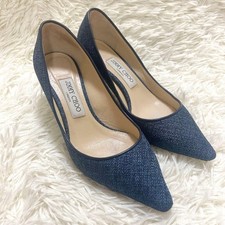 Rare JIMMY CHOO Denim Look Heels Blue Size 37 EU 23.5cm Pointed Toe Pumps
