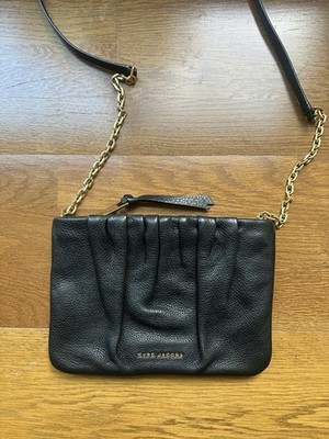 Marc Jacobs Black Pebbled Cross Body Bag Chain Strap Ruched Gold Hardware