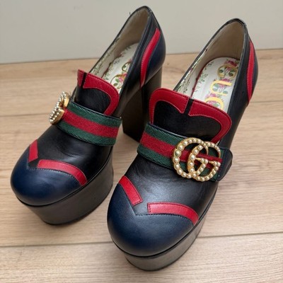 Gucci Peyton Pearl GG Web Platform Loafer Pumps Black Leather 36 Heels