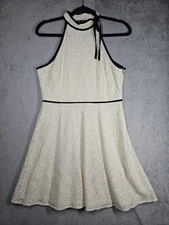 Doe & Rae Slvless Halter Mock Neck Tie Bow Ivory Lace Black Trim Dress Sz L NWOT