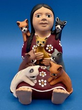 Handmade Peruvian Folk Art Pottery Storyteller Figurine - Woman with 7 Cats