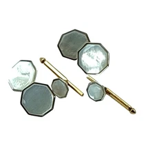 Swank Gold Plated Mother of Pearl Octagon Cufflinks Stud Set Vintage Formal