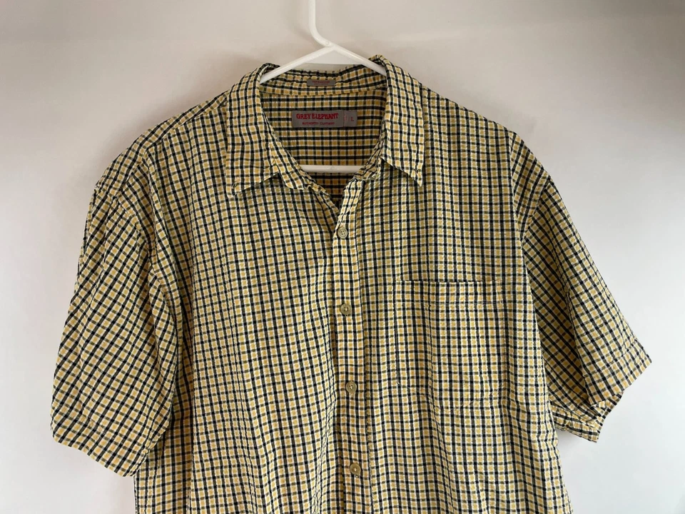 Grey Elephant Shirt Men's Size Large Black Yellow Button Up Seesucker Textured - Image 3 of 4