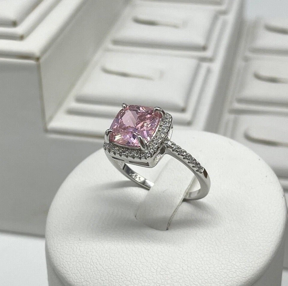 Anello donna argento 925 pietra rosa con zirconi trasparenti fine elegante M. 20 - Immagine 3 di 4
