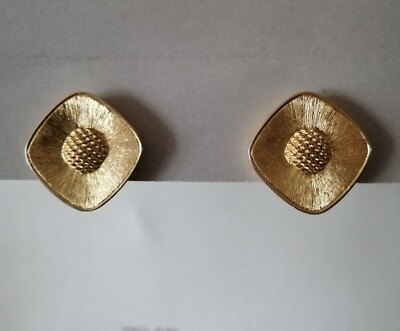 Vintage Monet Modern Sleek Earrings Clip On Gold Tone Texture 3D Floral
