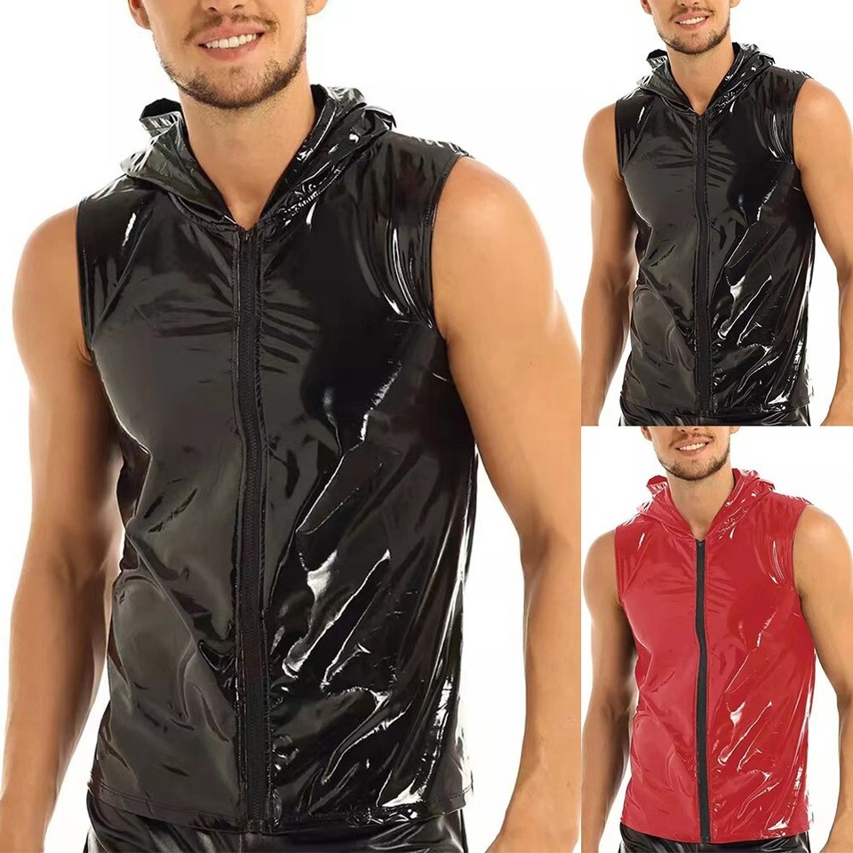 Mens Faux Leather Hooded Vest Undershirt Tank Top Sleeveless T Shirt
