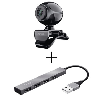 Trust Exis Webcam 300K mit Mikrofon Webkamera mit Halyx Mini USB 2.0 Hub 4 Ports