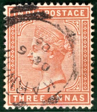 INDIA QV Stamp 3a Karwan? Squared Circle Used {samwells}XBLUE58