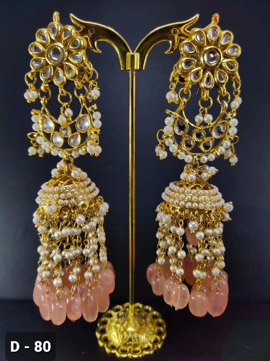 Gold Plated Indian Kundan Orange Tassel Earrings Jhumki Bollywood Jewelry