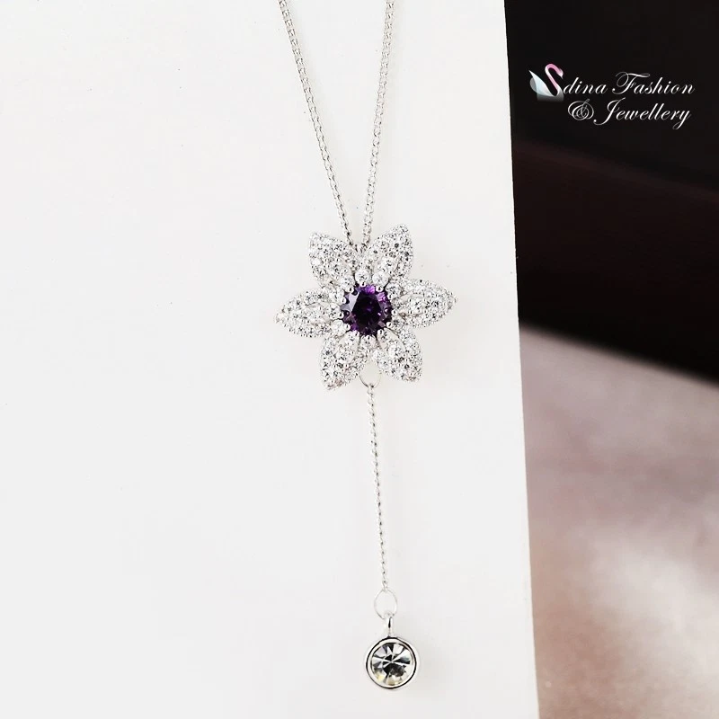 18K White Gold Filled AAA Grade Cubic Zirconia  Flower Bloom Lariat Necklace Foto 2 de 4