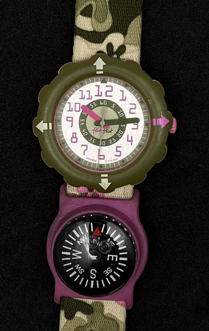 FLIK FLAK Swatch Compass Ladies 33mm Swiss Quartz Watch Olive Green Pink Camo