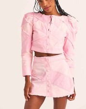 Loveshackfancy Denim Patch Work Cropped Pink Jacket Us 8