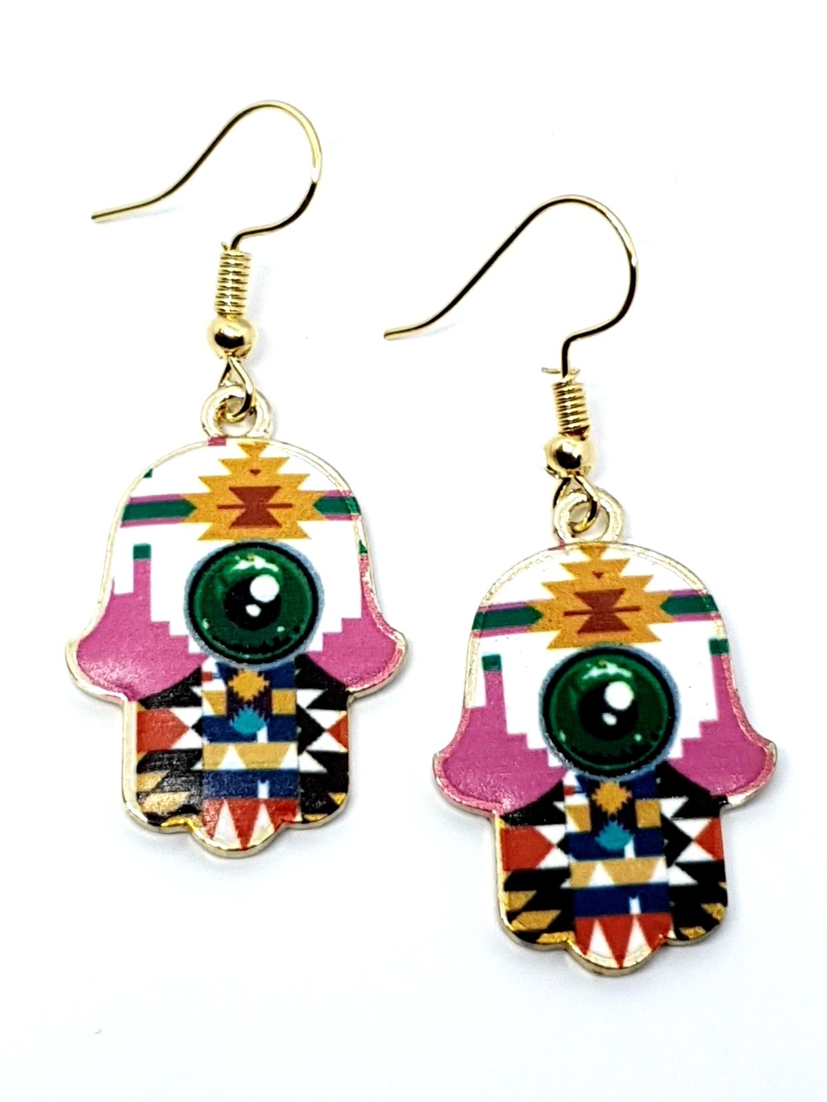 Hamsa Earrings Evil Eye Protection Gold Tone Hand of Fatima Colourful Jewellery