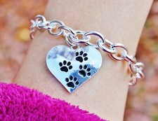Paw Prints Heart Charm Bracelet Silver Dog Cat Pet Loss Memorial Gift Paws Chain