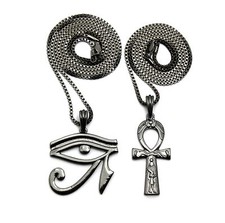 Egyptian Ankh, Eye of Heru Pendant 24",30" Box Chain 2 Necklace Set RC2485HE
