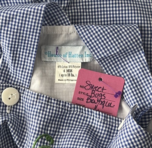 Boys HOUSE of HATTEN Sz 6m Shortall Jon Jon Overall Blue Gingham Worm Applique - Picture 4 of 4