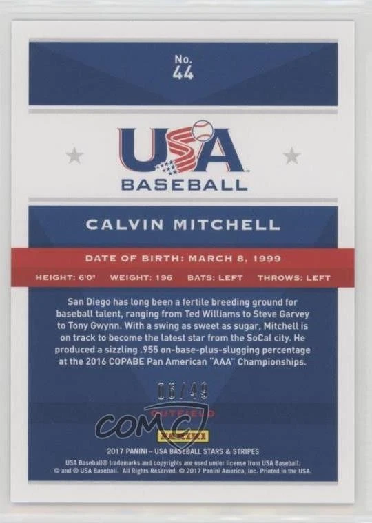 2017 Panini USA Baseball Stars & Stripes Longevity Sapphire /49 Calvin Mitchell - Image 2 of 2