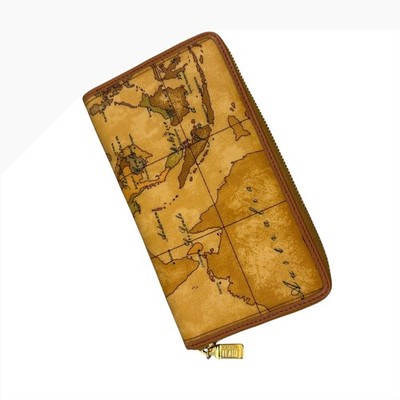 Alviero Martini Wallet Womens OS Tan Geo Map Print Zip Around Long Wallet