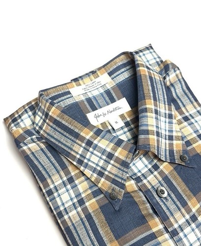 John W. Nordstrom Button Down Shirt Cotton Plaid Blue Tan Ivory Vintage XL - Picture 1 of 13
