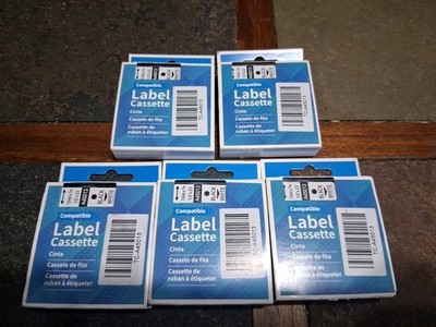 NEW LOT OF 5 LABEL CASSETTE TAPE BLACK PRINT WHITE 1/2'' X 23' TC-A45013