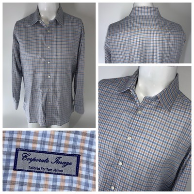 Tom James Corporate Image Dress Shirt 16.5 32 Blue Orange Plaid Cotton YGI S5126