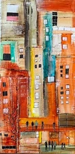 Original 15x30" people city life architecture Canvas painting by Lynne Kohler