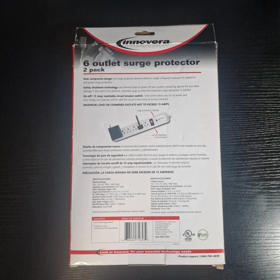 Innovera 71653 6 AC Outlets 4' Cord 540 J Surge Protector - White (2/Pack) New - Image 2 of 2