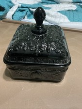Vintage Indiana Glass Tiara Honey Bee Hive Box & Floral Print Black Candy Dish