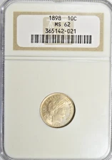 1898 BARBER DIME ~ NICE SATINY NGC MS62!