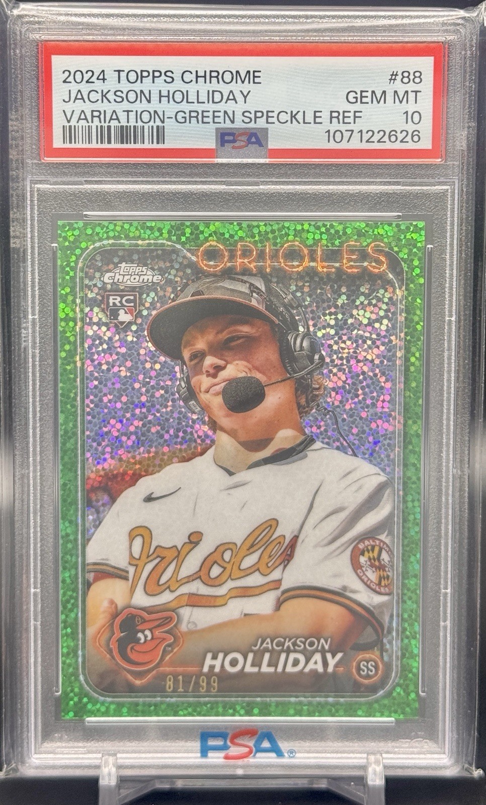 2024 Topps Chrome #88 Jackson Holliday Image Variation Green Speckle /99 PSA 10